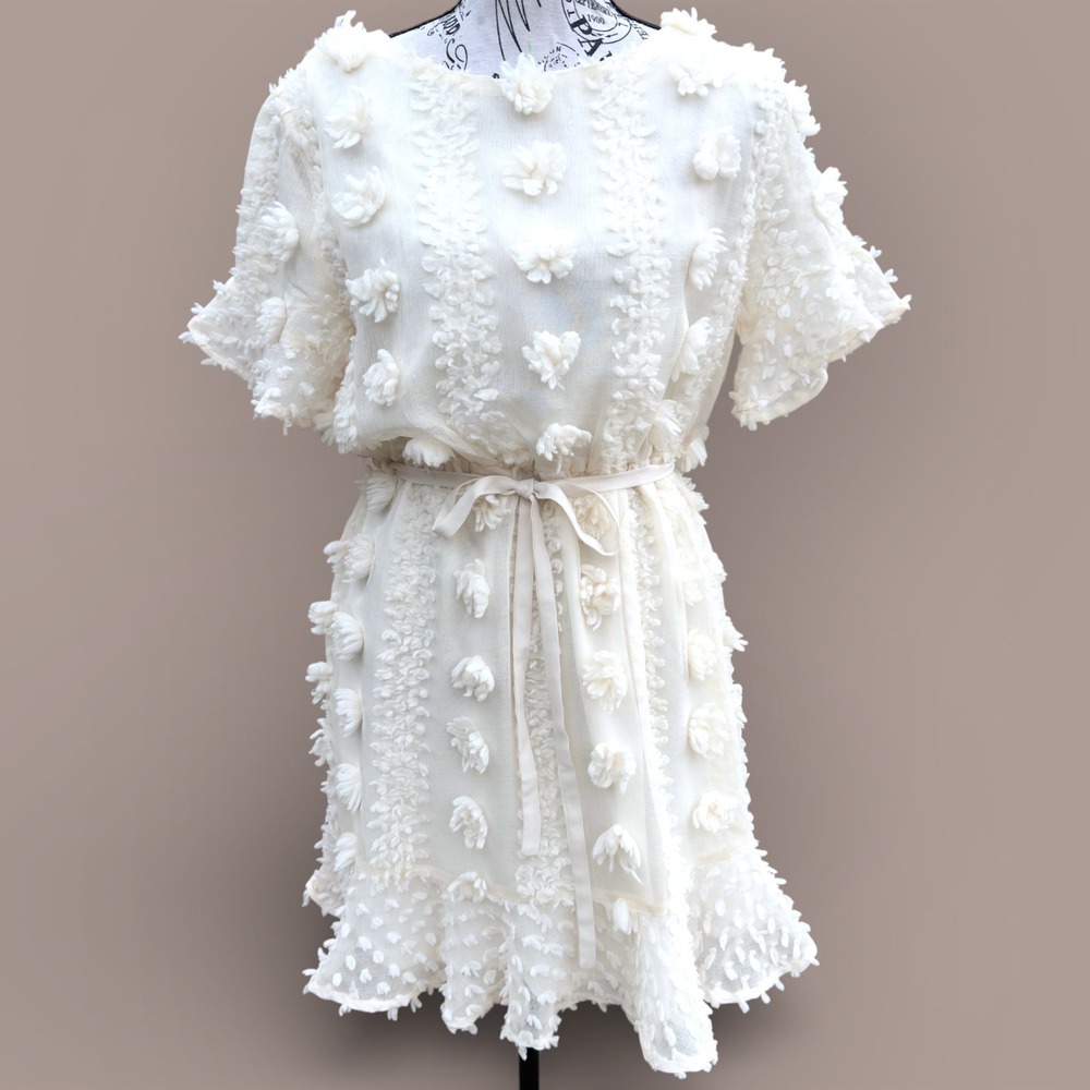 &merci White Textured Chiffon Dress M Belted Midi‎ Cottagecore Romantic Coquette